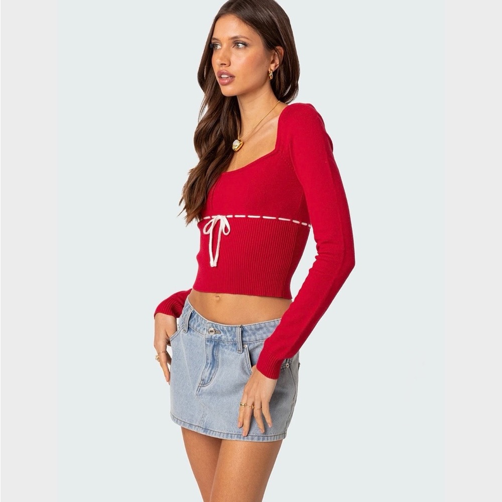 Edikted Red Square-Neck Crop Sweater Top - Women